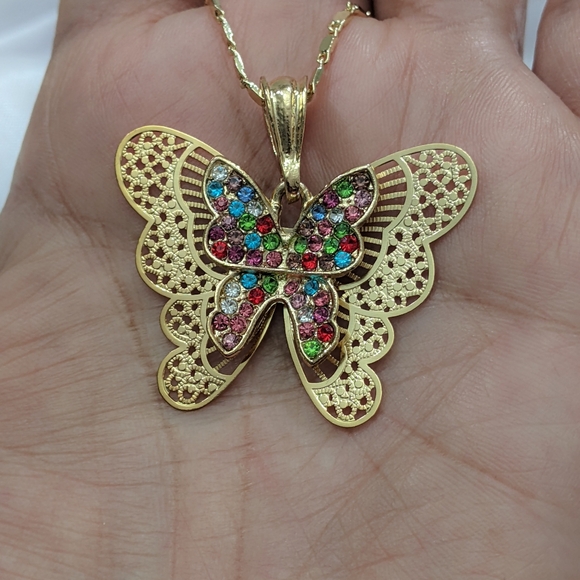 Necklace 18K Gold Filled and Cubic Zirconia Multicolor Butterfly Necklace - Picture 7 of 12